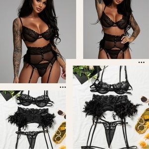 Black 3pcs Lace Mesh Lingerie Set with Feather Garter Belt